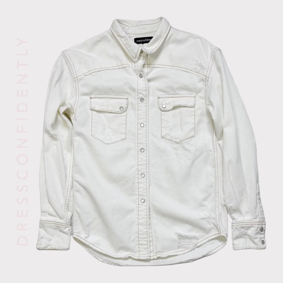 RETROFÊTE Dora Distressed Denim Shirt Jacket - Vintage White - Picture 6 of 10